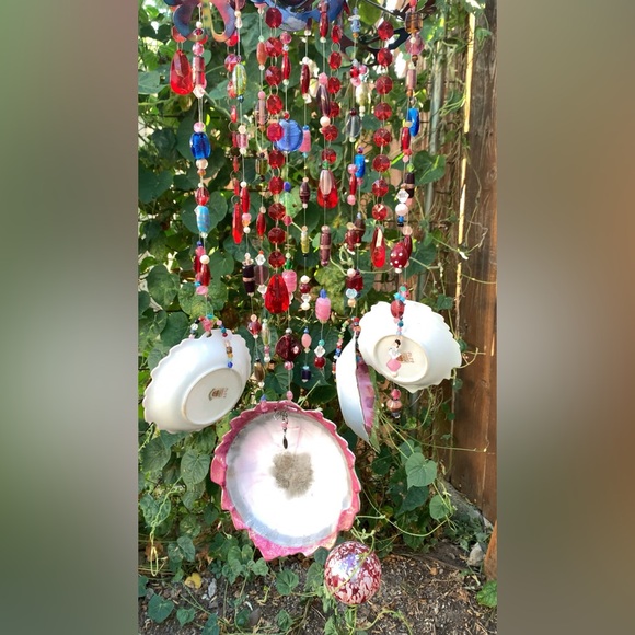 Inlaid Gold Leaves Vtg Porcelain Glass Beads 3D Butterfly Wind Chime Mobile - Picture 4 of 11